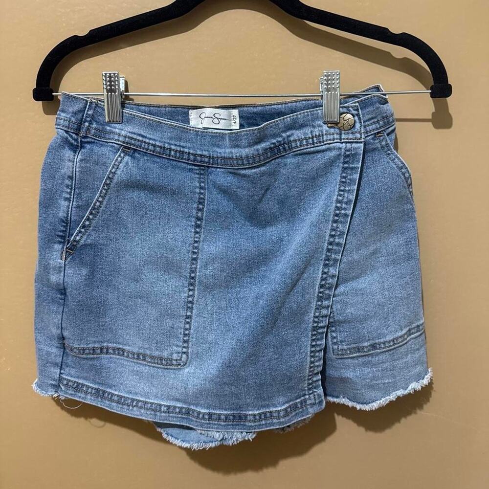Blue denim wrapped mini shorts
